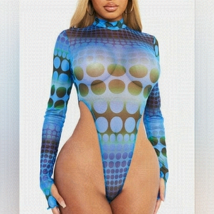 PrettyLittleThing Blue Mesh Cut-Out Bodysuit Size 12 | Y2K Sexy Statement